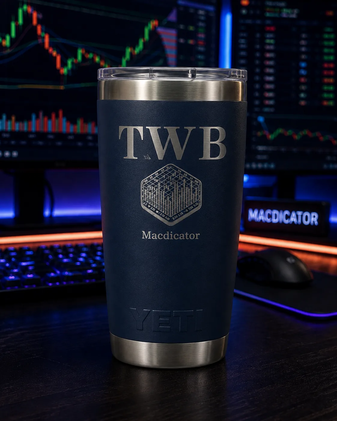 Macdicator TWB 20 ounce YETI tumbler displayed in front of trading charts